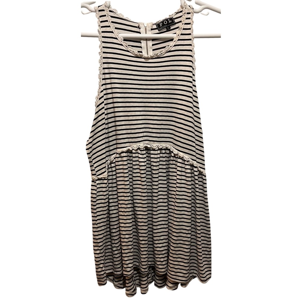 POL Women Striped Lace Trim Zipper Back Babydoll Tunic Tank